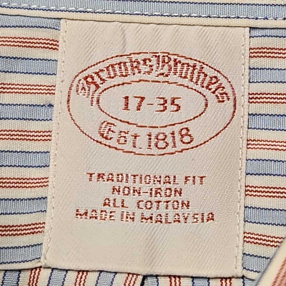Brooks Brothers Dress Shirt Mens 17 35 Blue Orange Striped Non-Iron Cotton - Picture 3 of 7